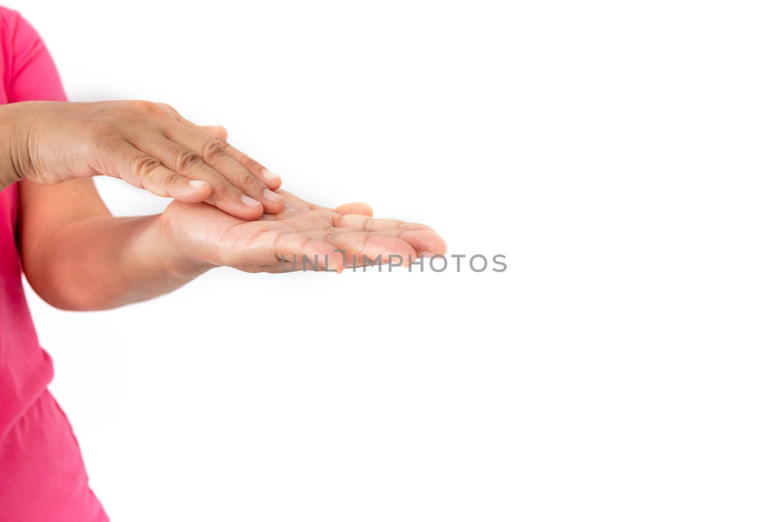 During the coronavirus (COVID-19) epidemic, A woman washing her hands with alcohol gel isolated on white background