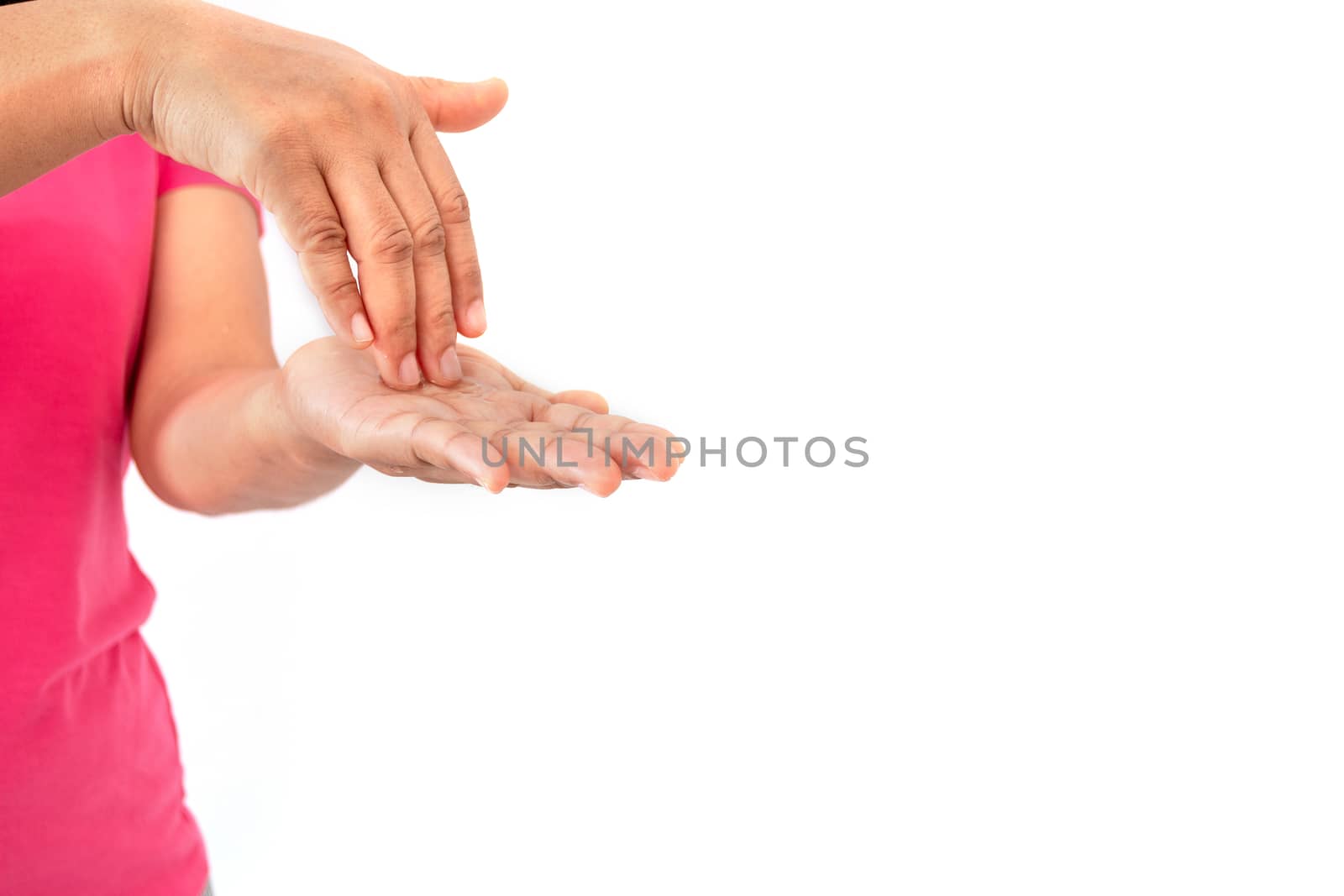 During the coronavirus (COVID-19) epidemic, A woman washing her hands with alcohol gel isolated on white background