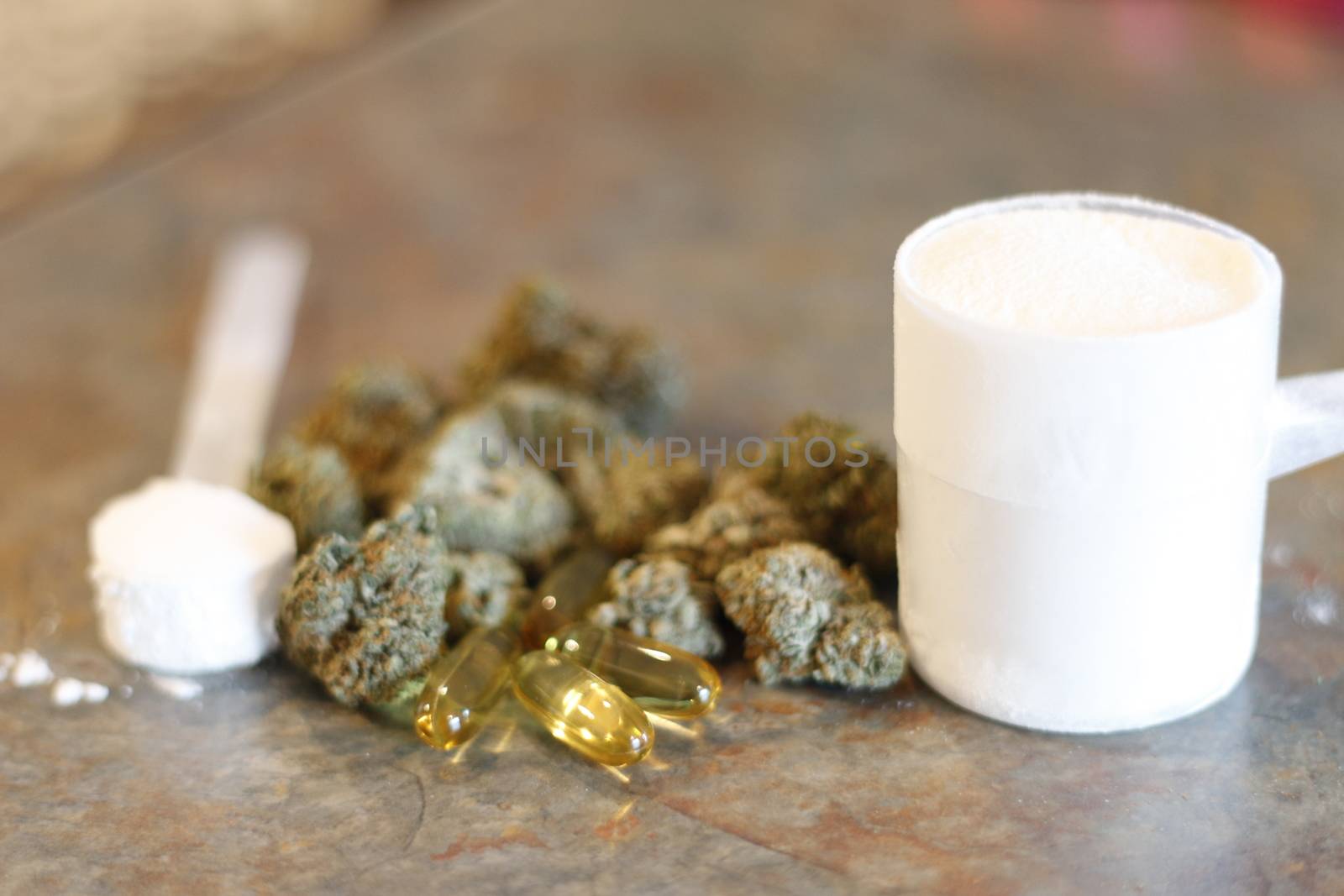 creatine and protein supplements next to marijuana by mynewturtle1