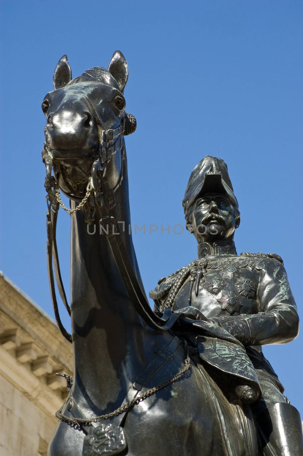 Monument statue of Viscount Garnet Wolseley (1833 - 1913). The former Field Marshall officer was a hero who served in the Crimean War; Statue in Horse Guards Parade, Westminster, London