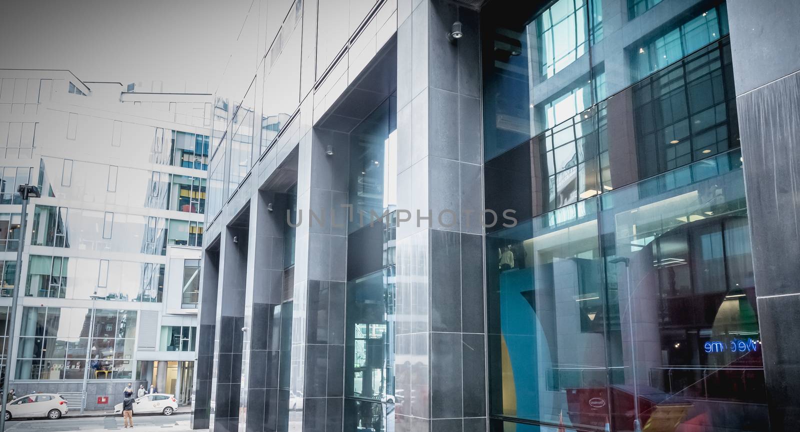 Dublin, Ireland - February 12, 2019: Architectural detail of the Irish headquarters building of the multinational Google on a winter day