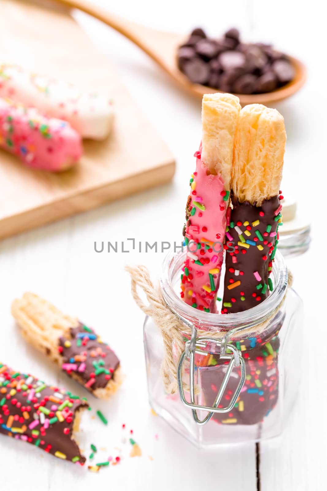 Colorful bread sticks for coffee break or tea break.