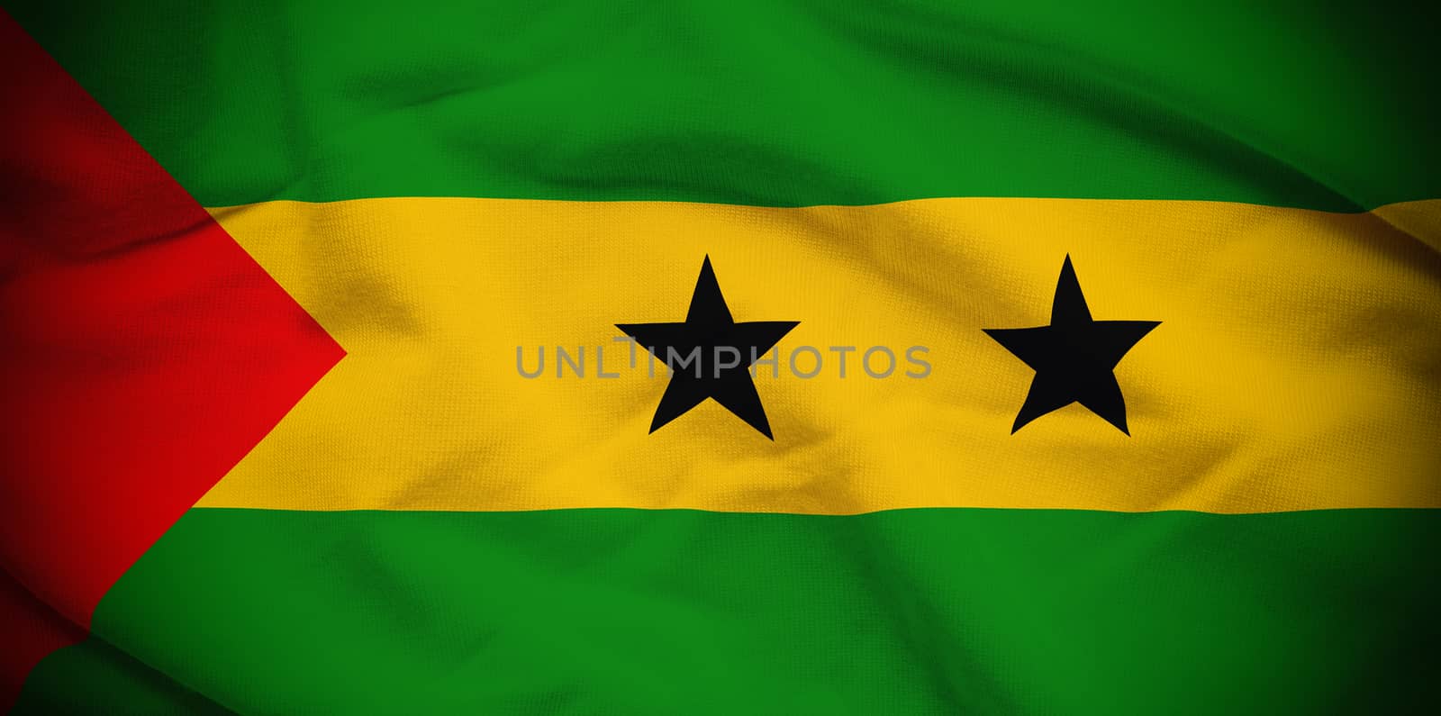 Wavy and rippled national flag of Sao Tome and Principe background.