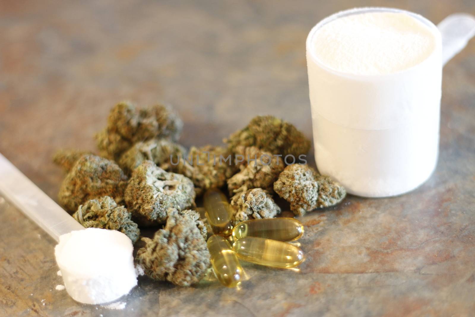 creatine and protein supplements next to marijuana by mynewturtle1