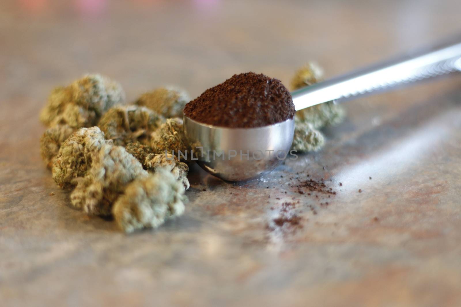 A scoop of coffee next to marijuana buds. Concept of cannabis infused products