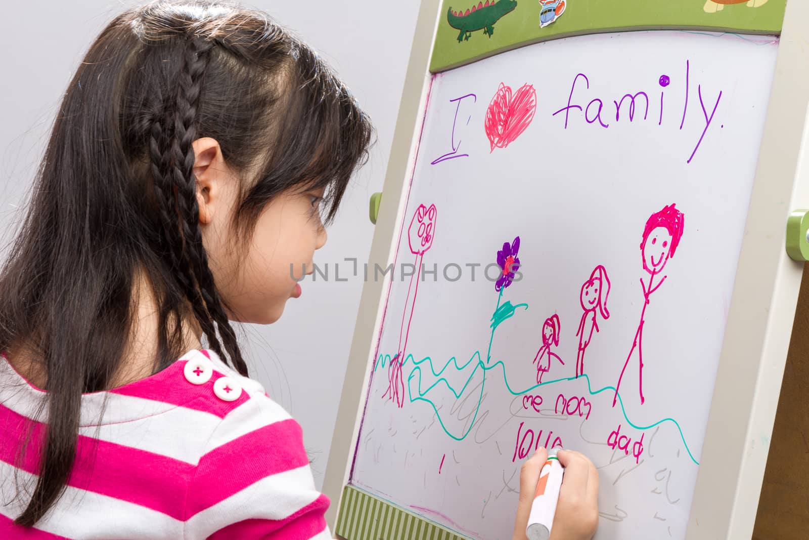 Kid drawing her family picture on whiteboard.