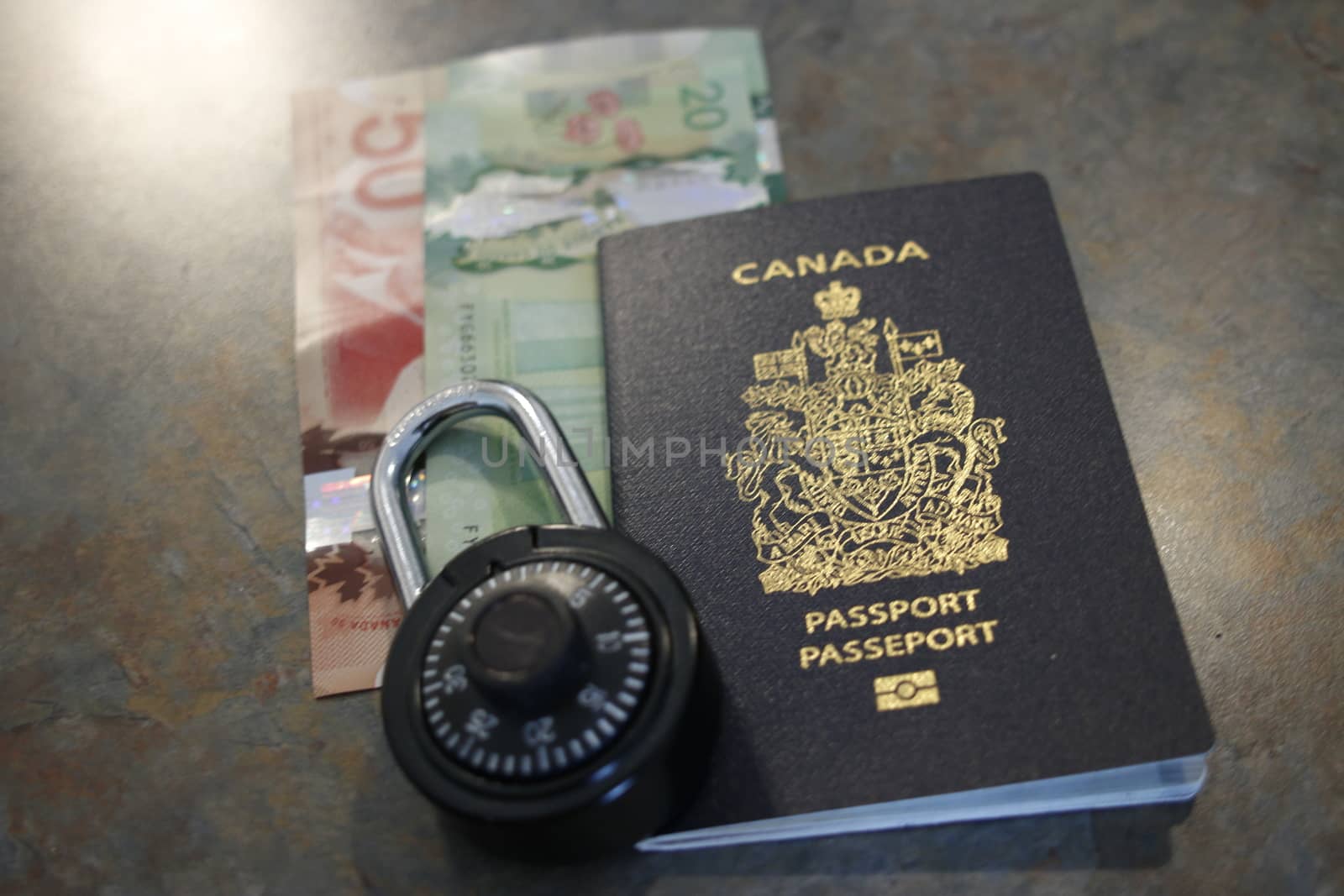 canadian immigration themed photos, with passport, money and lock