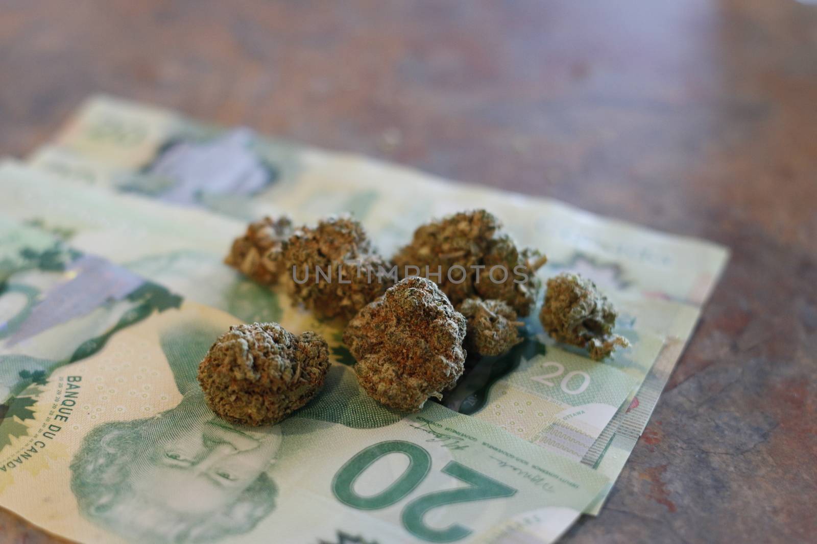 marijuana and canadian twenty dollar bills. Concept of marijuana and economy.
