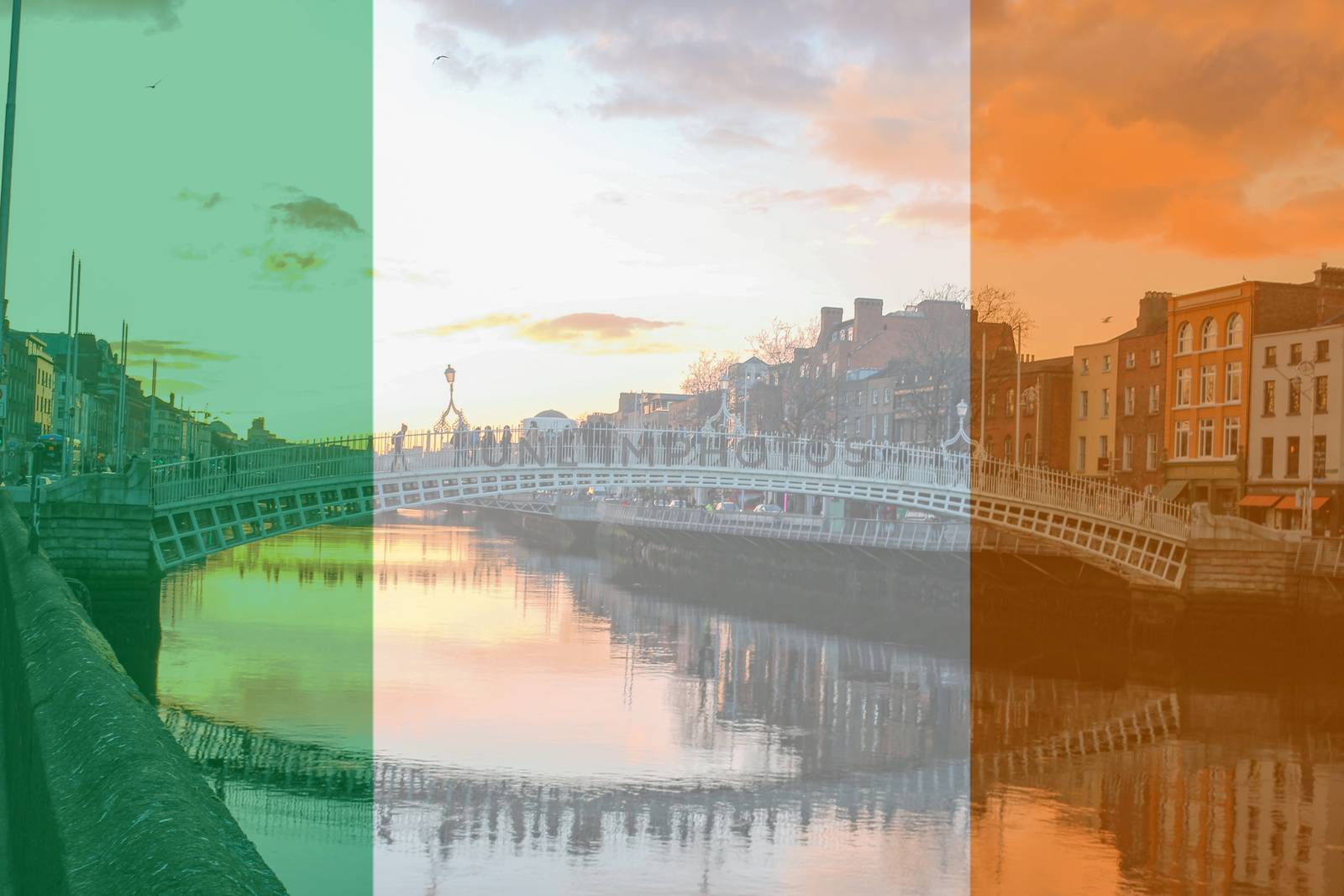 Theme of Irish heritage the Irish flag as a composite over Ha'Penny Bridge