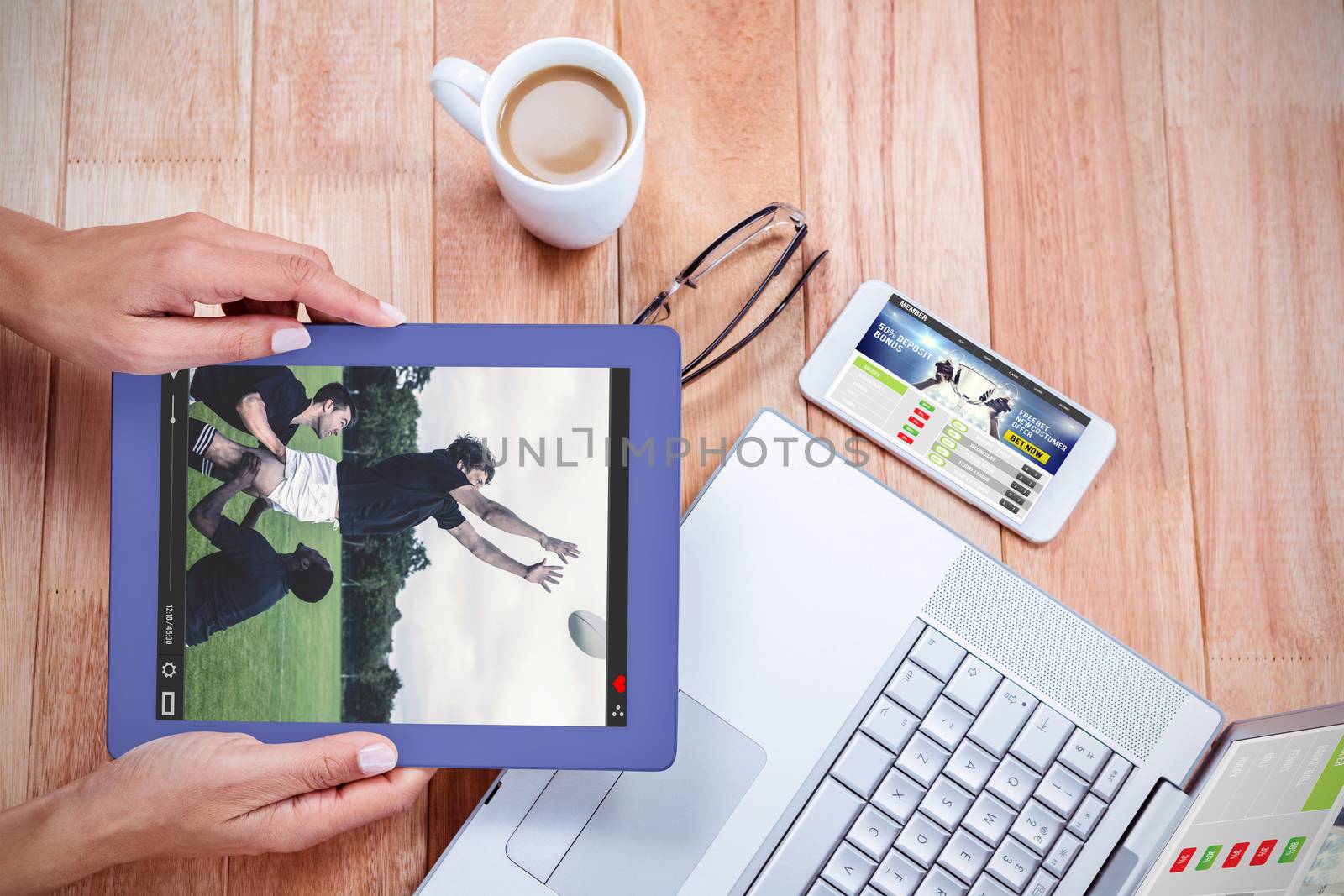 View of lecture app against overhead of feminine hands holding tablet