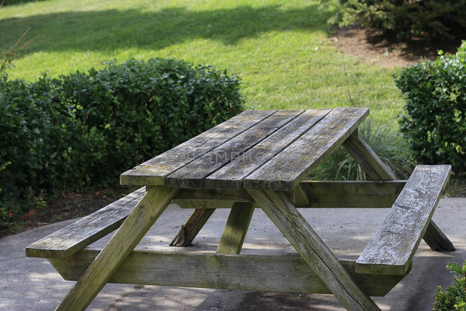 picnic table within garden landscape. beautiful photo with copyspace by mynewturtle1