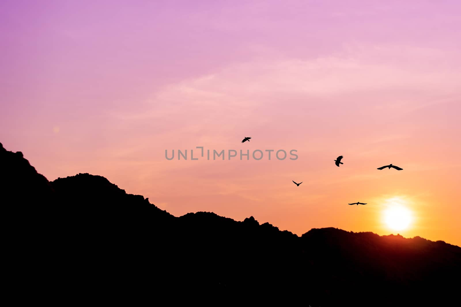 Mountain scenery view with twilight sky beautiful magenta color tone theme sunset and sunrise. by Suwant