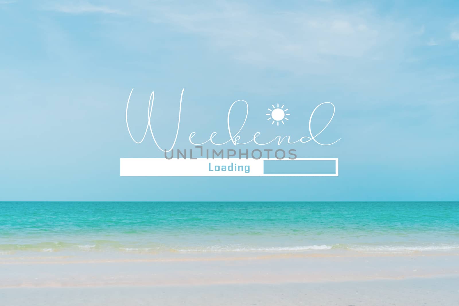 Weekend loading qoute on nature blue sky summer tropical beach. Travel tourism season concept background.