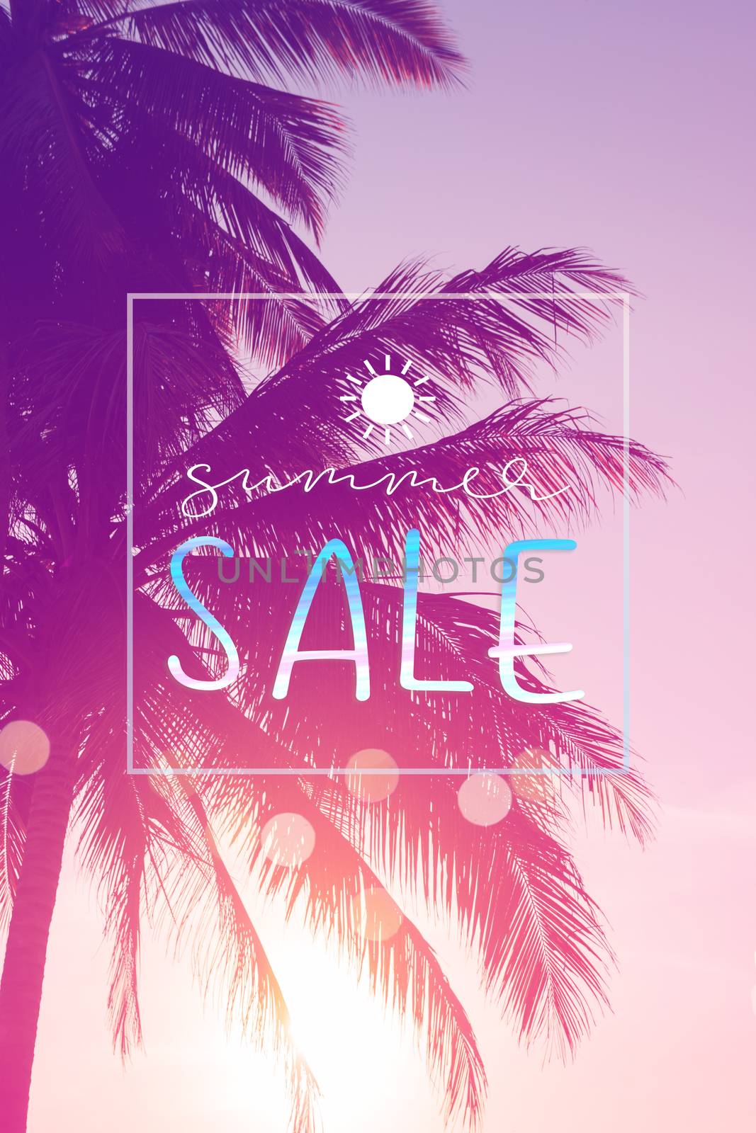 Summer sale qoute on tropical palm tree with fun colorful theme. by Suwant