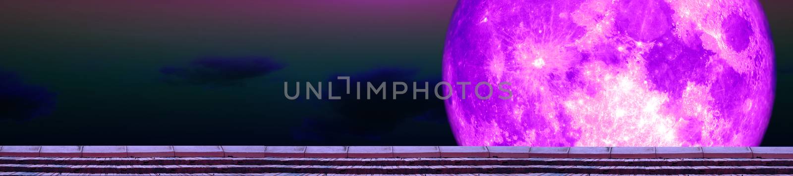 panorama pink moon and moonlight back on top roof and dark cloud night sky, Elements of this image furnished by NASA