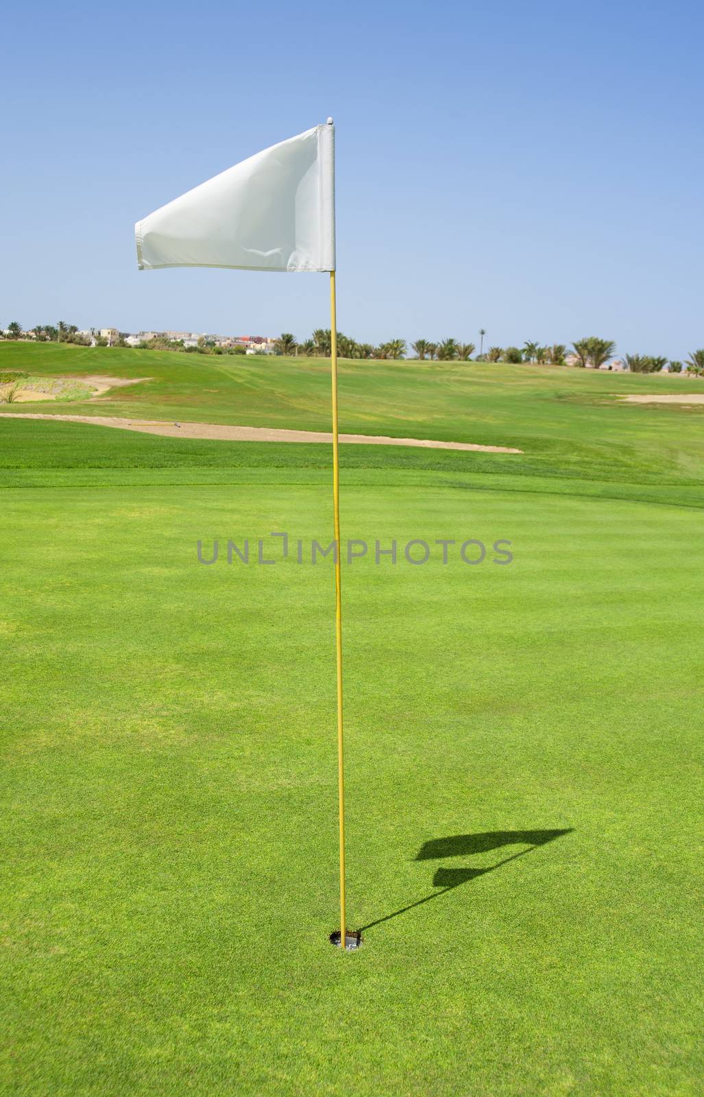 Golf flag in the hole on a couse green