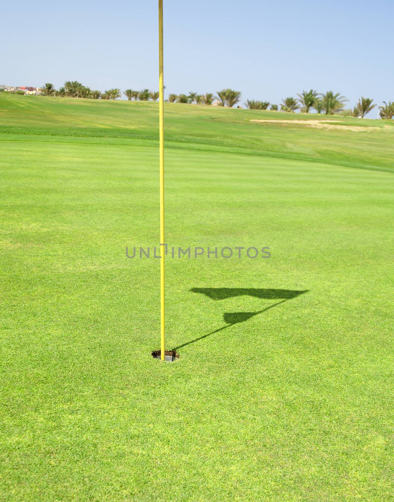 Closeup detail of a golf flag in the hole on a course green