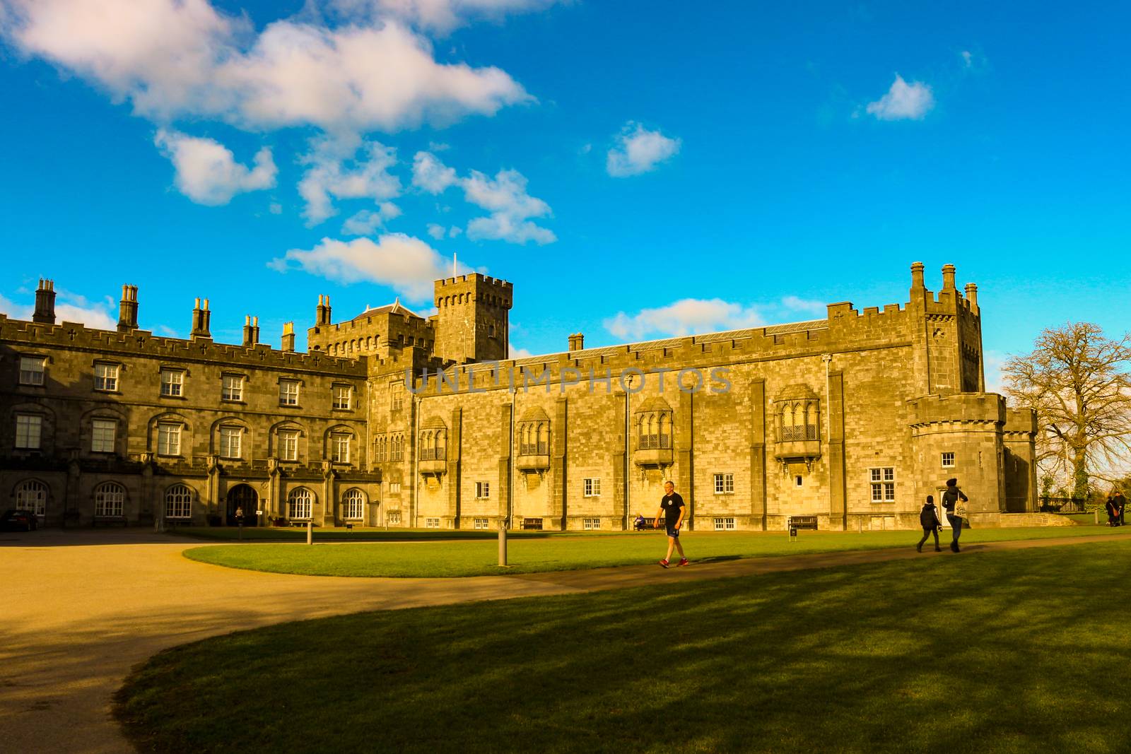 Kilkenny Castle. Historic landmark in the town of Kilkenny in Ireland. Ireland has many castles but this one is well known as a tourist destination spot and offers internal tours and historic lessons. The town of kilkenny is known as the midevil city.