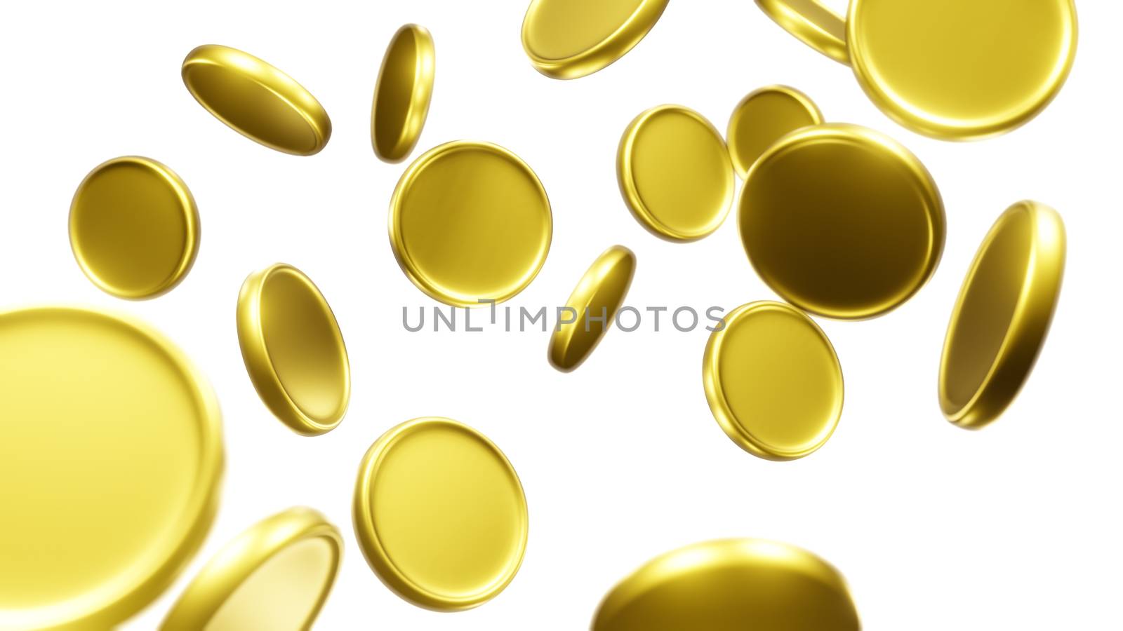 Falling gold coins, golden coins rain on black background. 3D render isolated