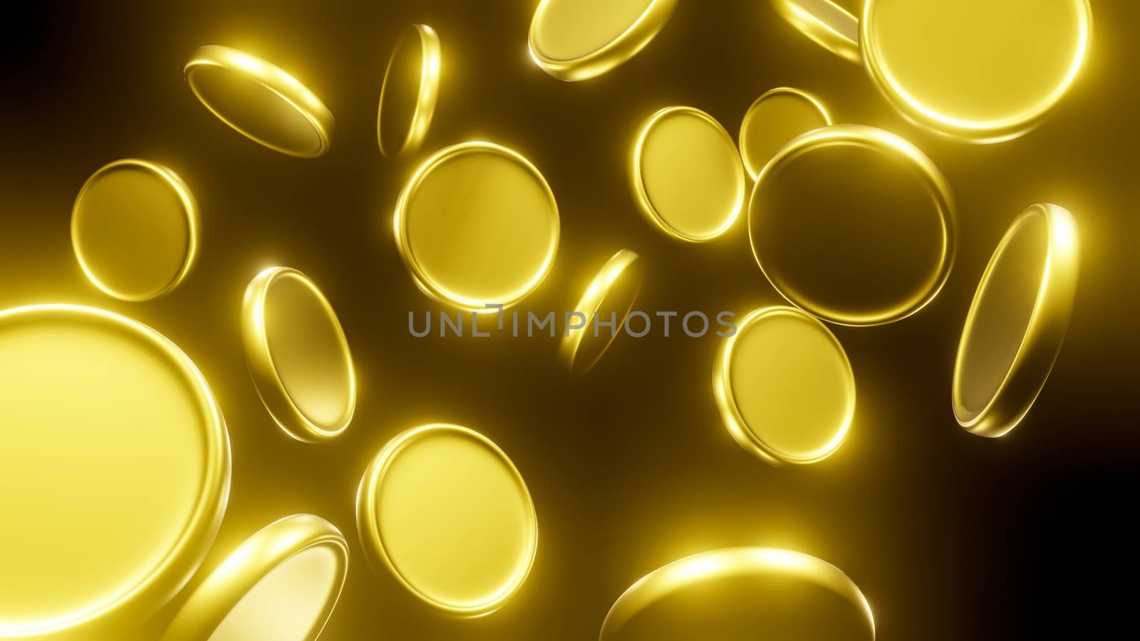 Falling gold coins, golden coins rain on black background. 3D render.