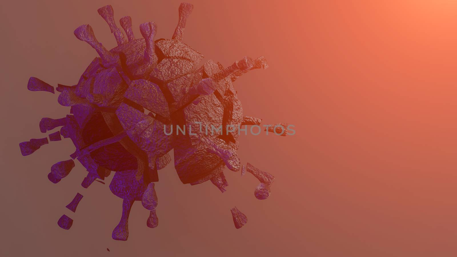 Dead corona virus or virus destruction after medical from vaccine on red background. 3D render