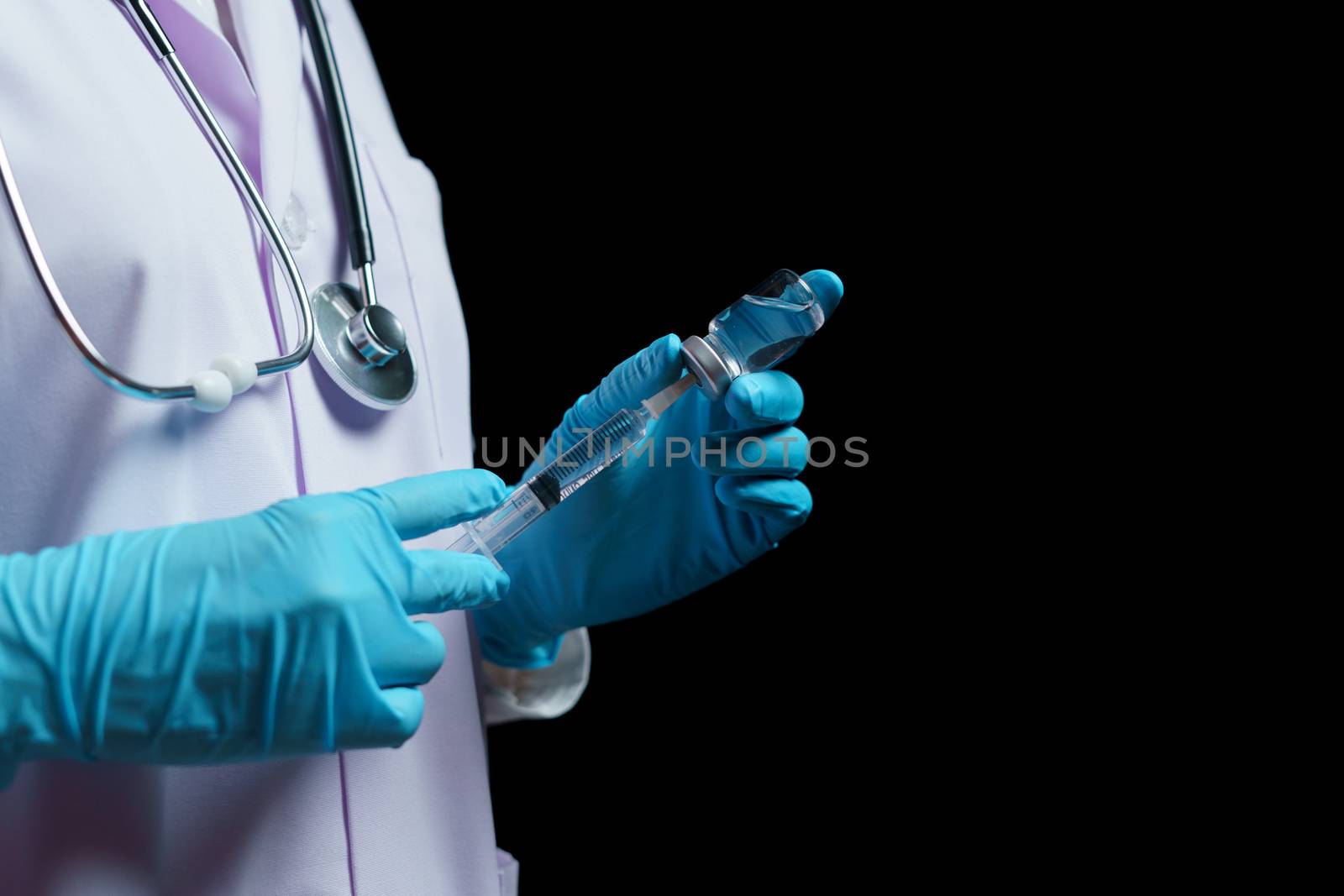 Doctor hand holding coronavirus vaccine shot for diseases outbreak vaccination, medicine and drug concept