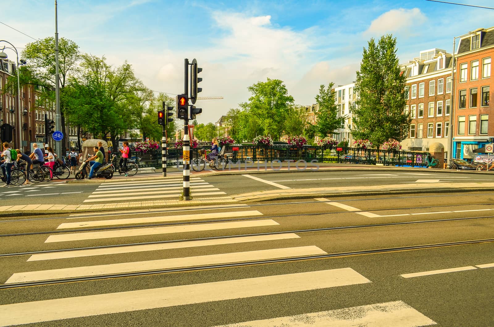 crosswalk with red light in Amsterdam, Netherlands (Holland) by chernobrovin
