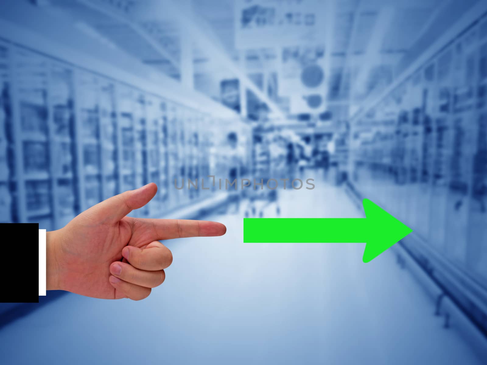 Business alignment concept, strategy and planning, hand and arrow on blue background