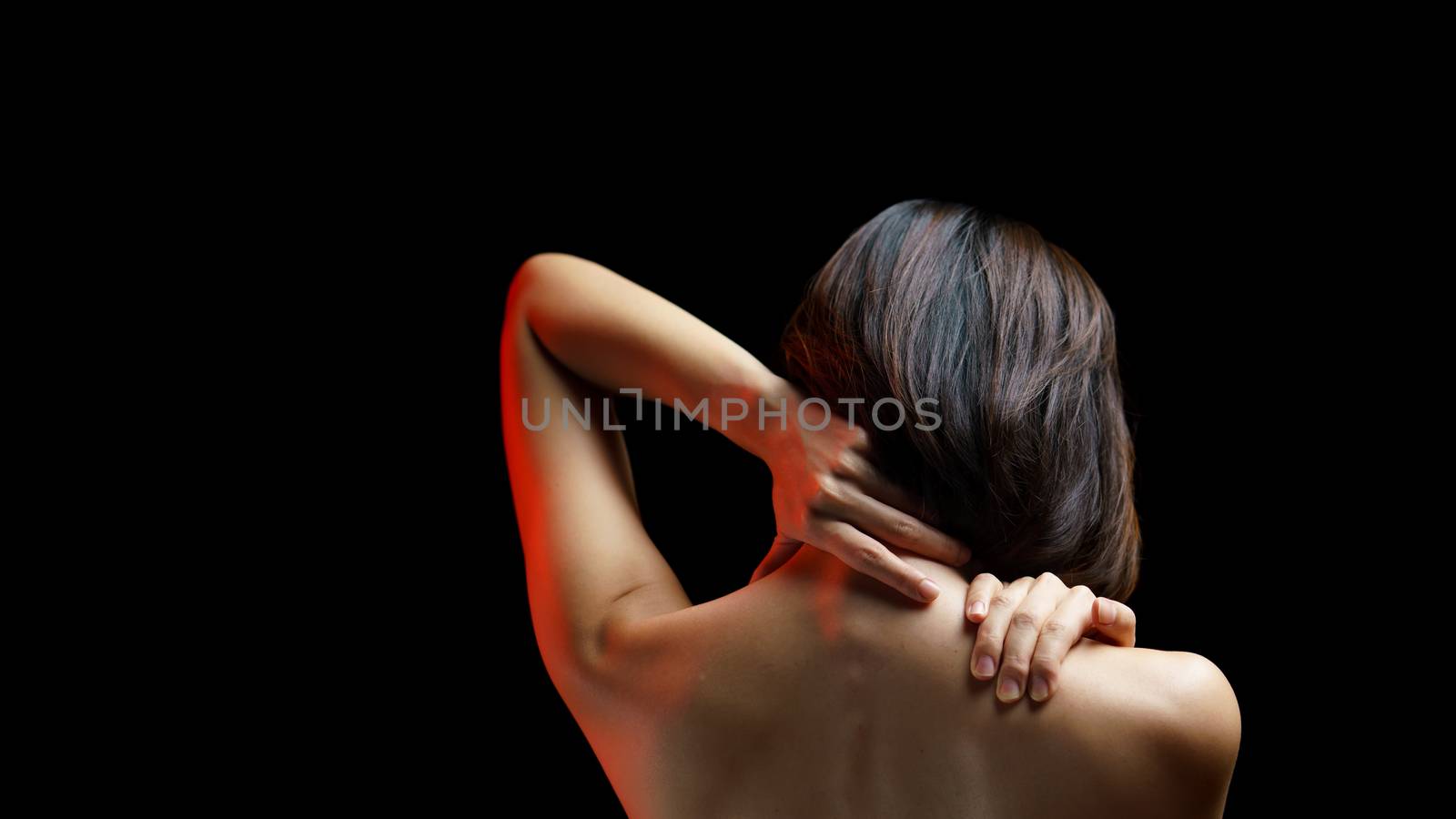 Women have neck pain, shoulder pain, health concept.