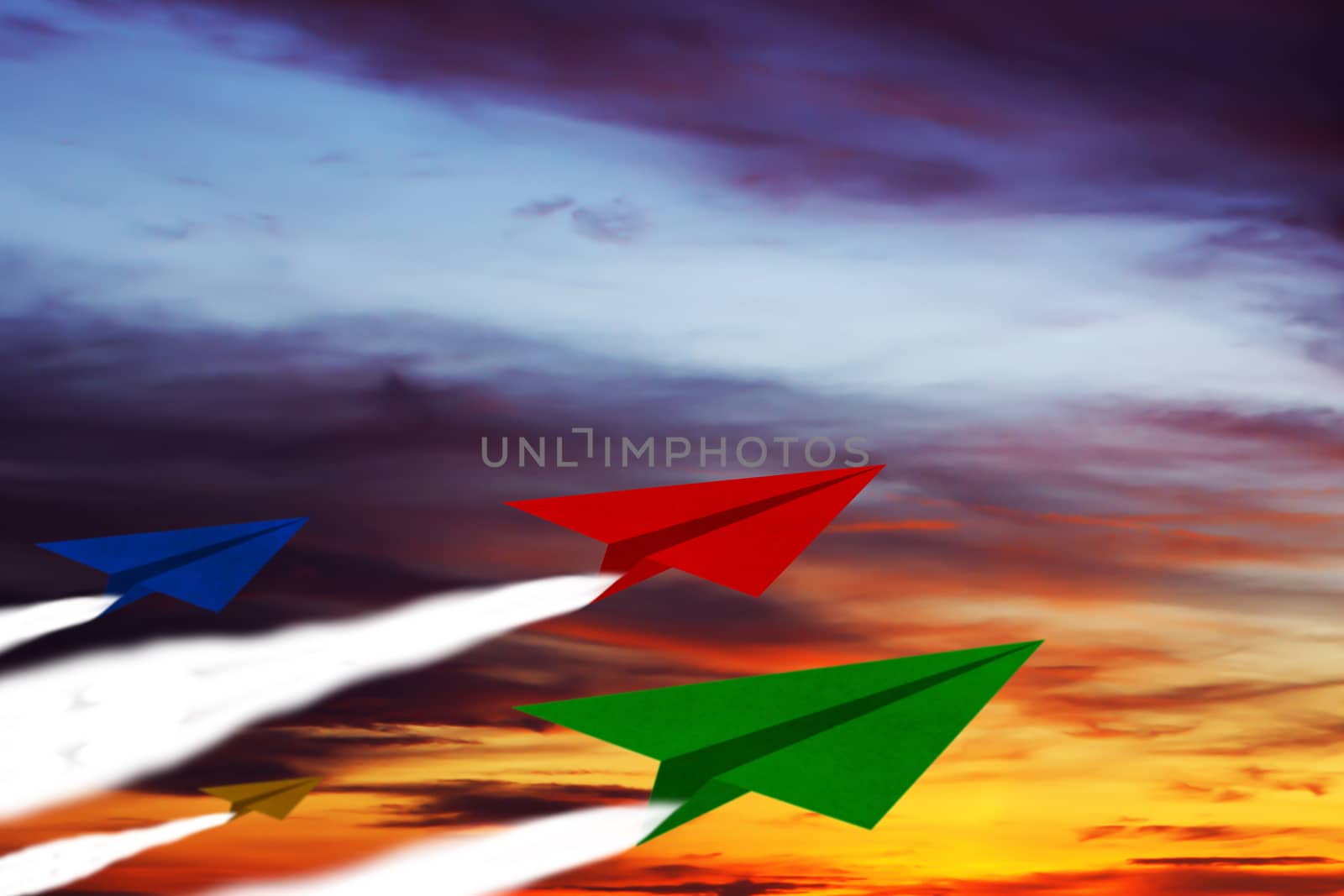 Challenge concept, competition paper plane on sky background