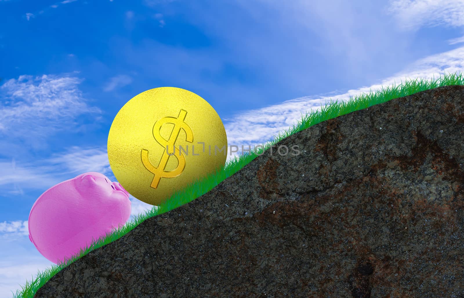 Challenge concept, pink pig and gold coin on mountain background