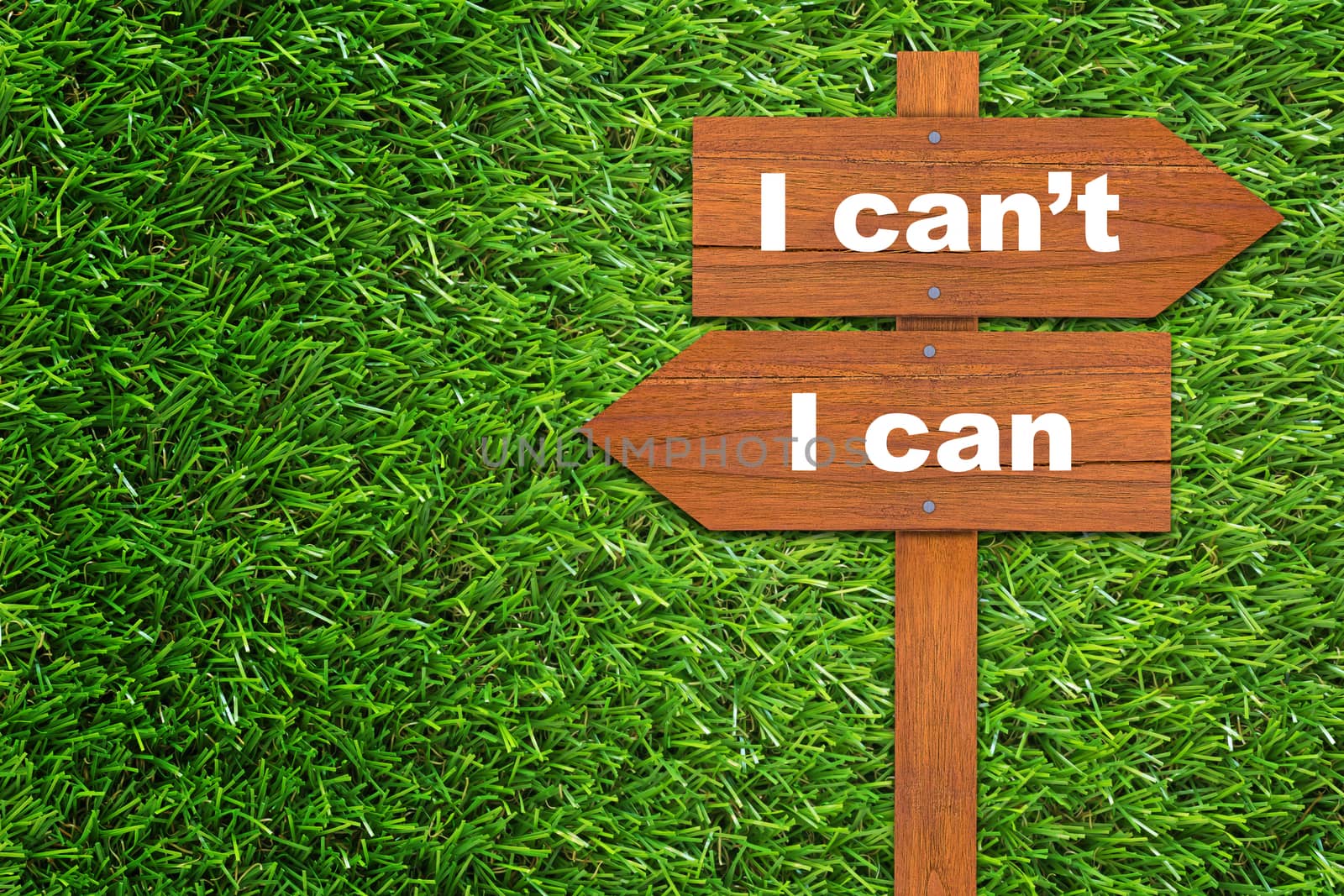 Business challenge, finding solution, resolve problem concept, wooden sign and I can, I can't text on green grass background