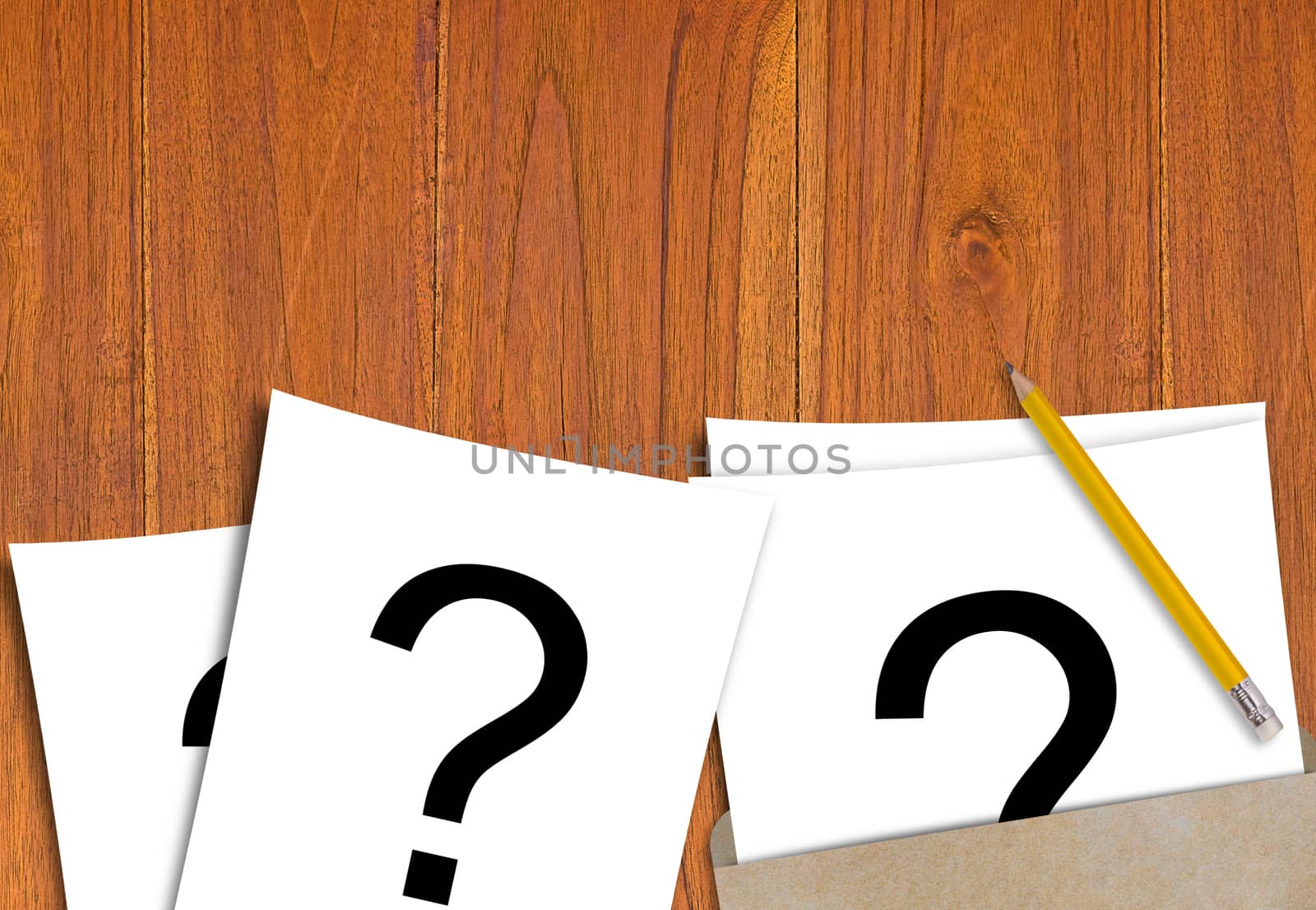 Business solution, problem concept, white paper and yellow pencil on wood background