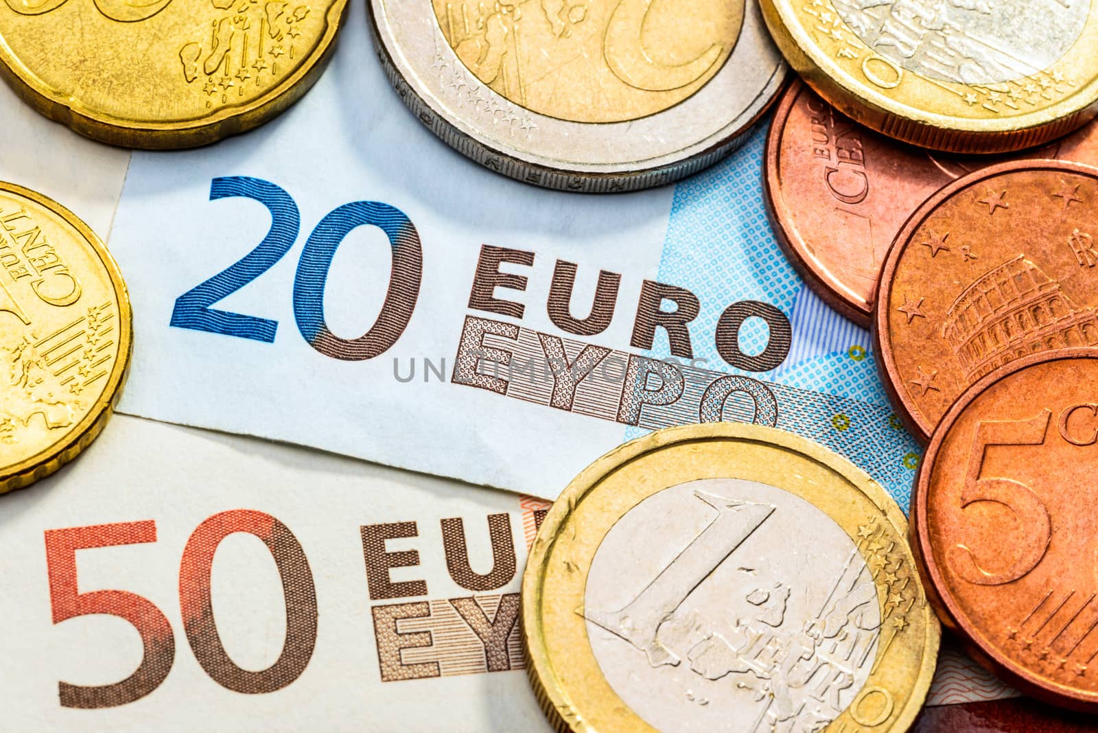 Macro of Euro coins and banknotes