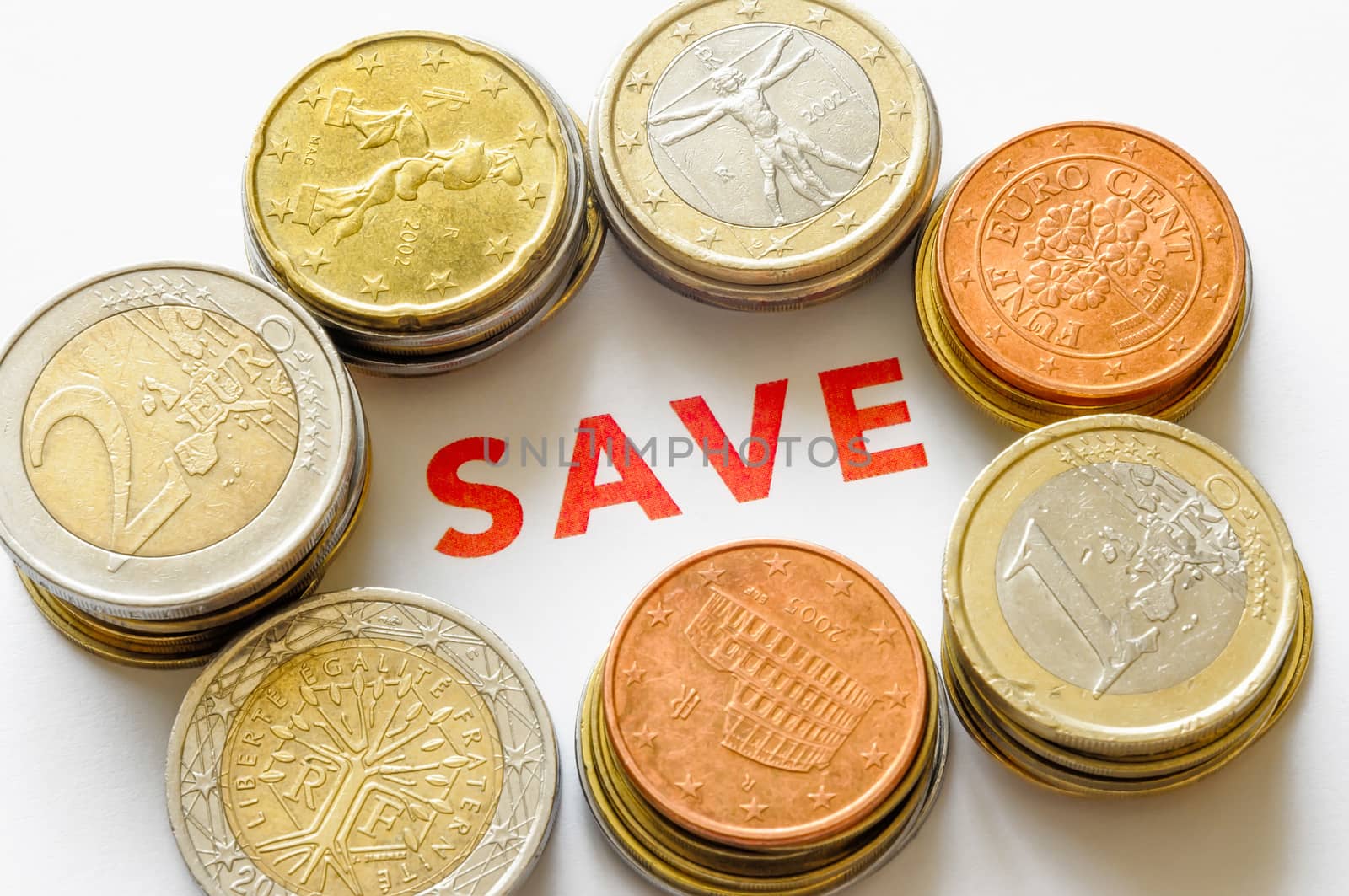 Many Euro coins and  red "Save"