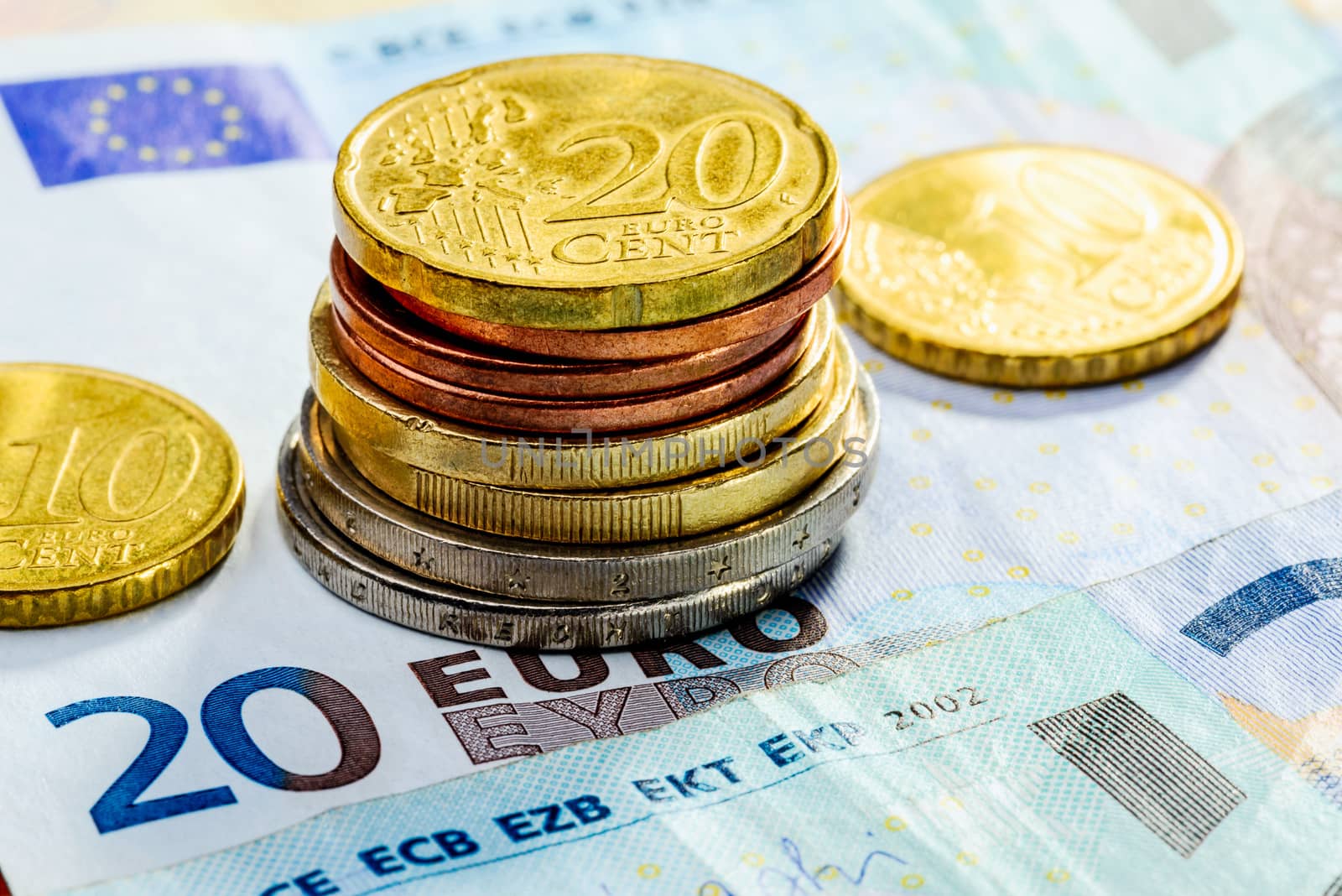 Macro of Euro coins and banknotes