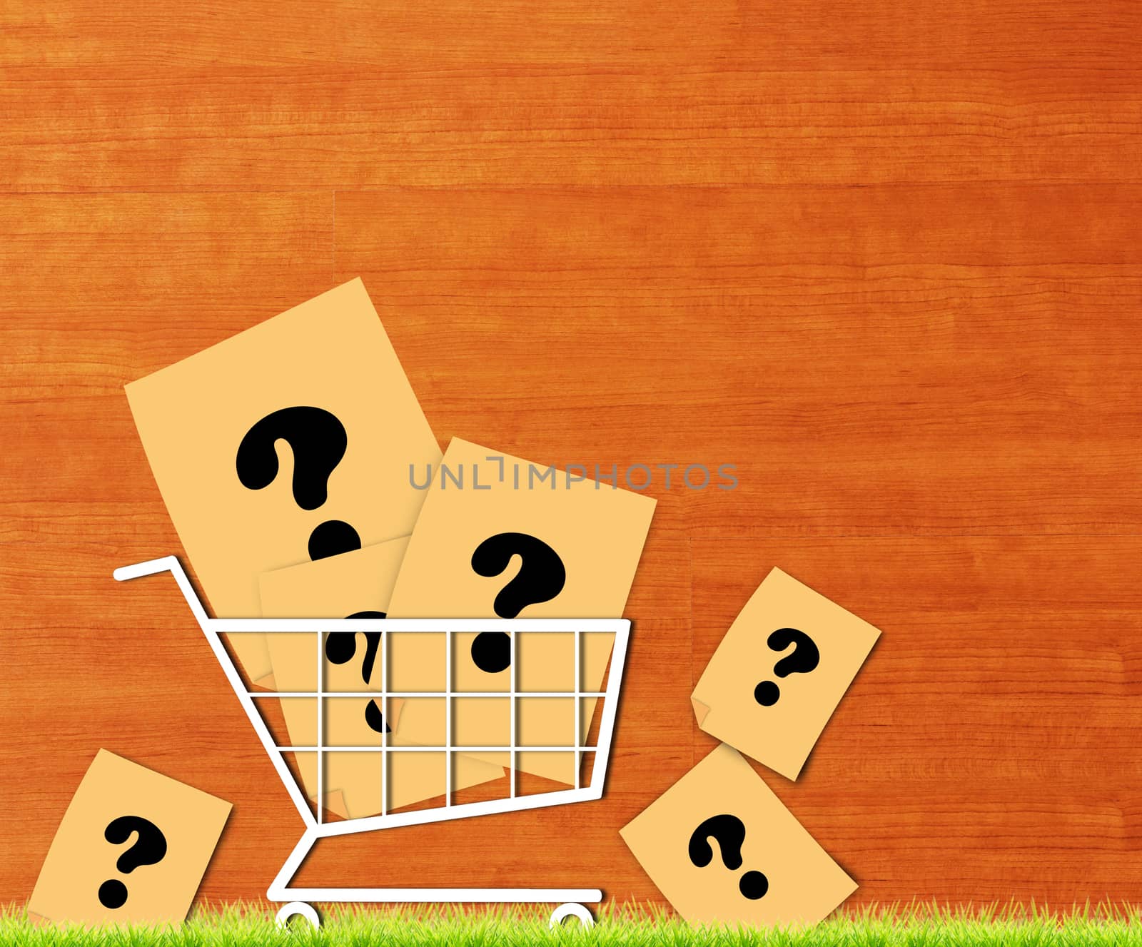Business solution, problem concept, yellow paper and trolley on wood background