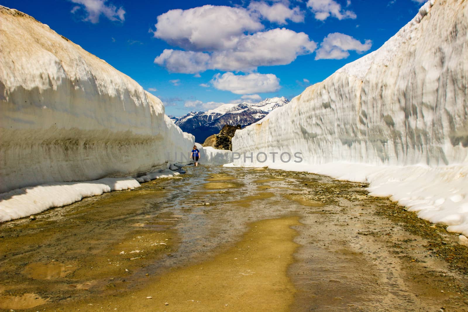Summer snow walls in Whistler. Road through snow walls. Hiking in summer in British Columbia. beautiful