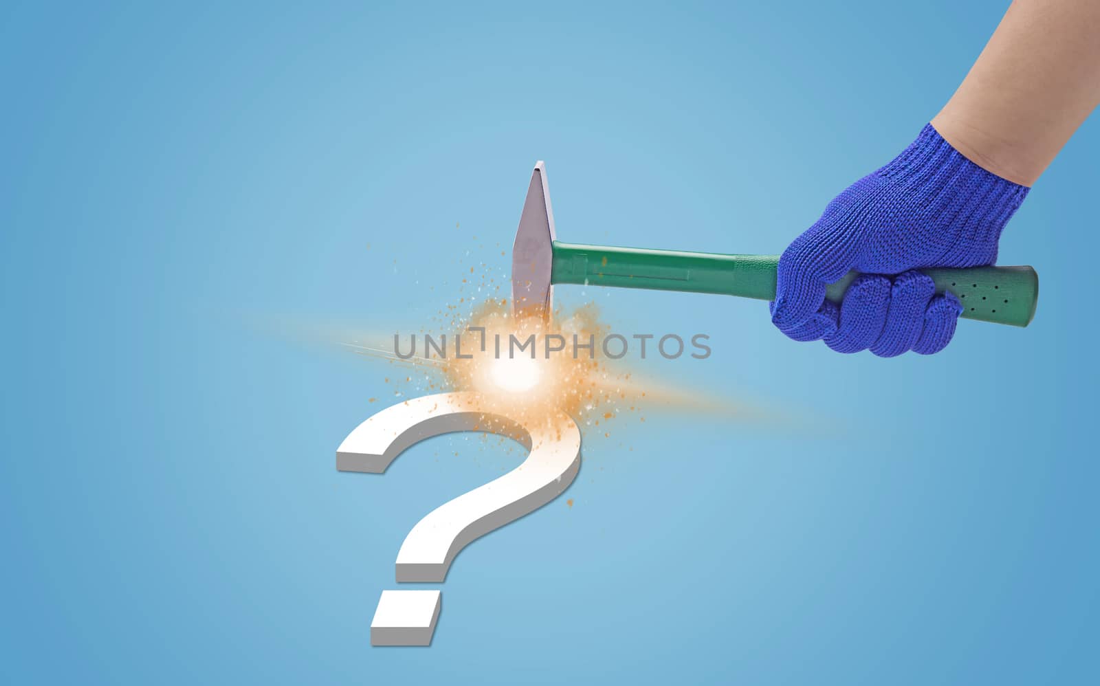 Business solution, solving problem, strategy and planning concept, hammer and question on blue background