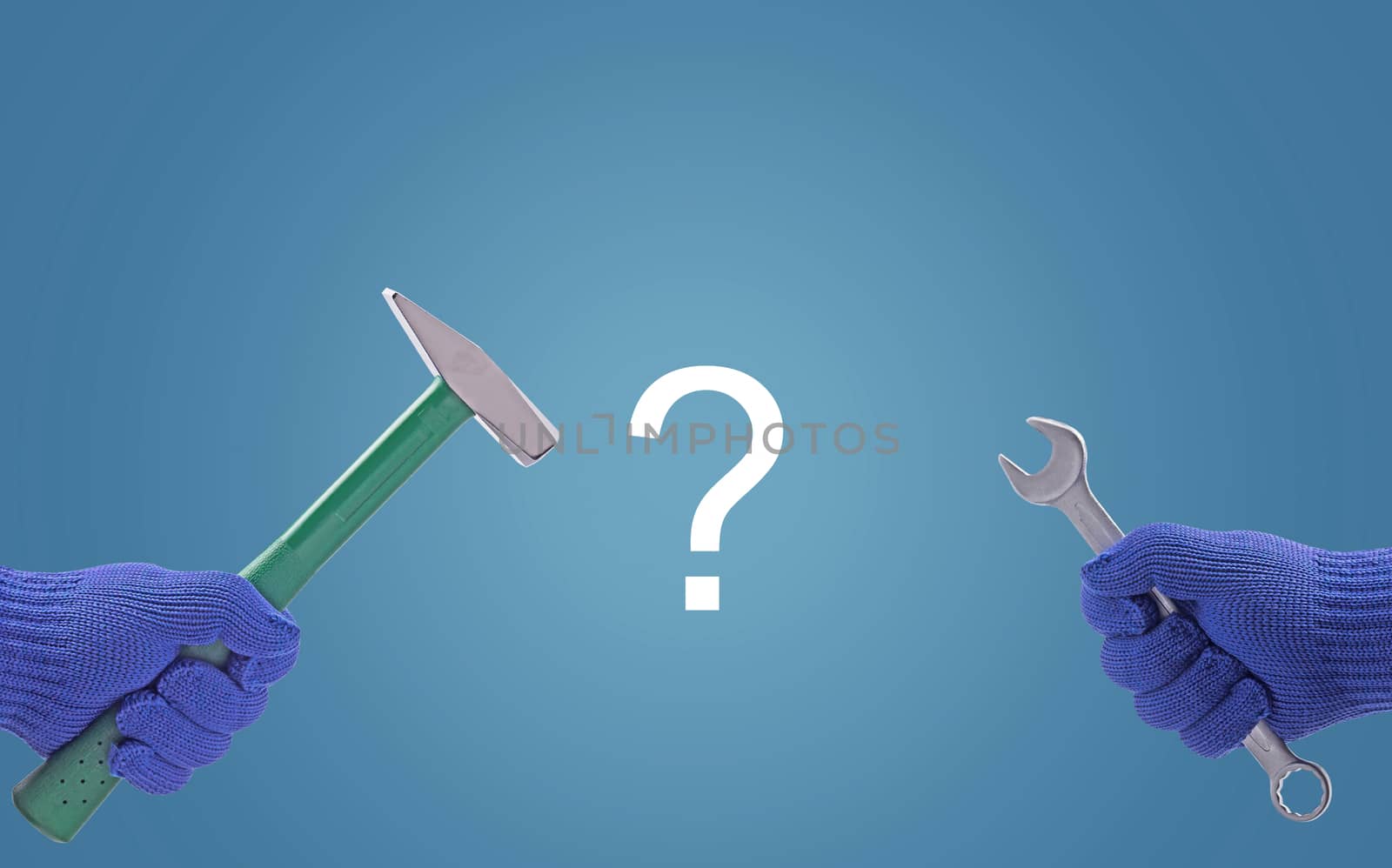 Business solution, solving problem, strategy and planning concept, hammer and question on blue background