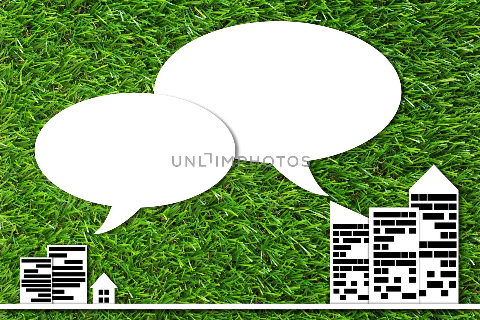 Communication and ecology concept, social life community and bubble chat on green grass background