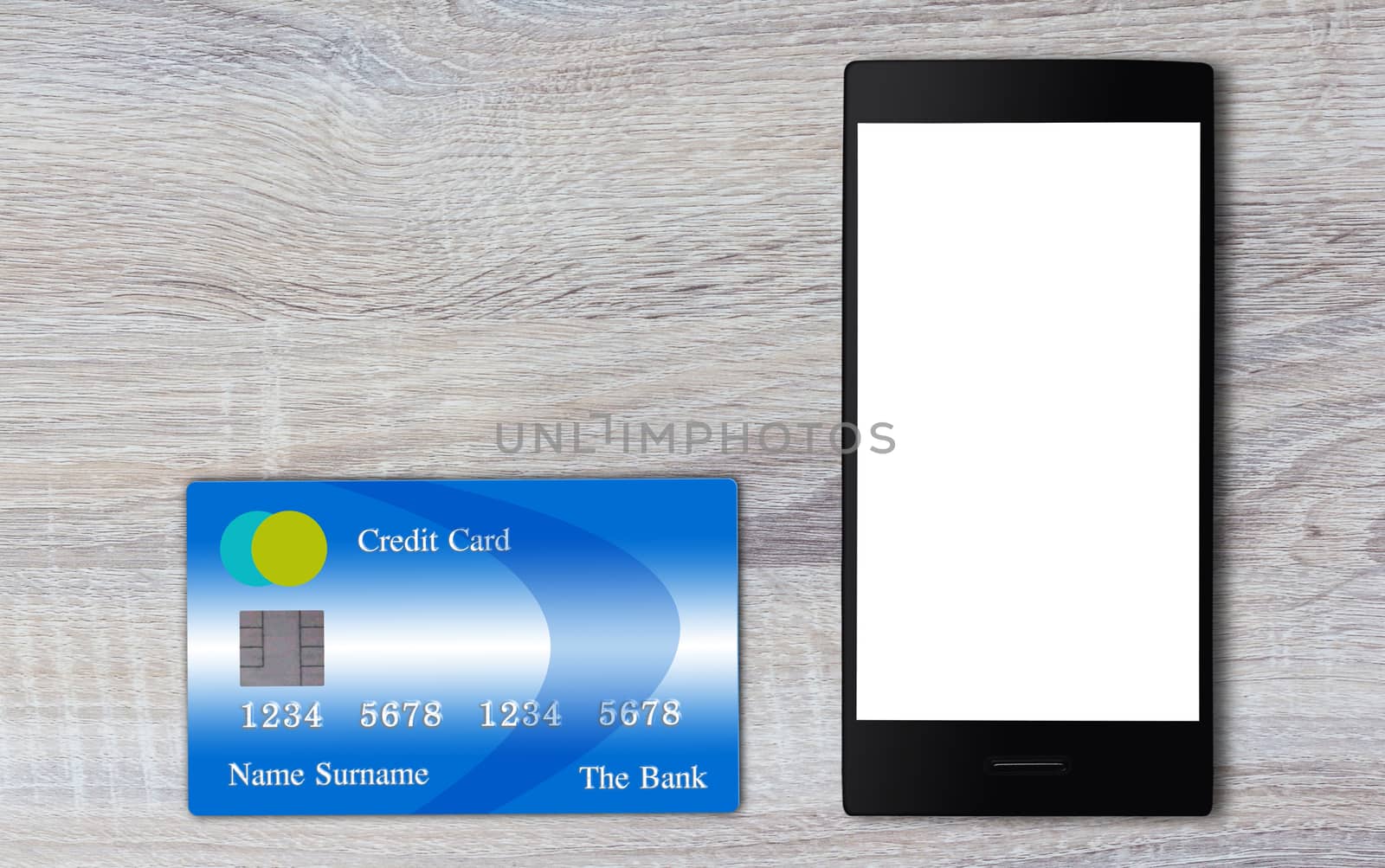 Credit card and smart phone on wood background, online payment, electronic commerce financial concept  
