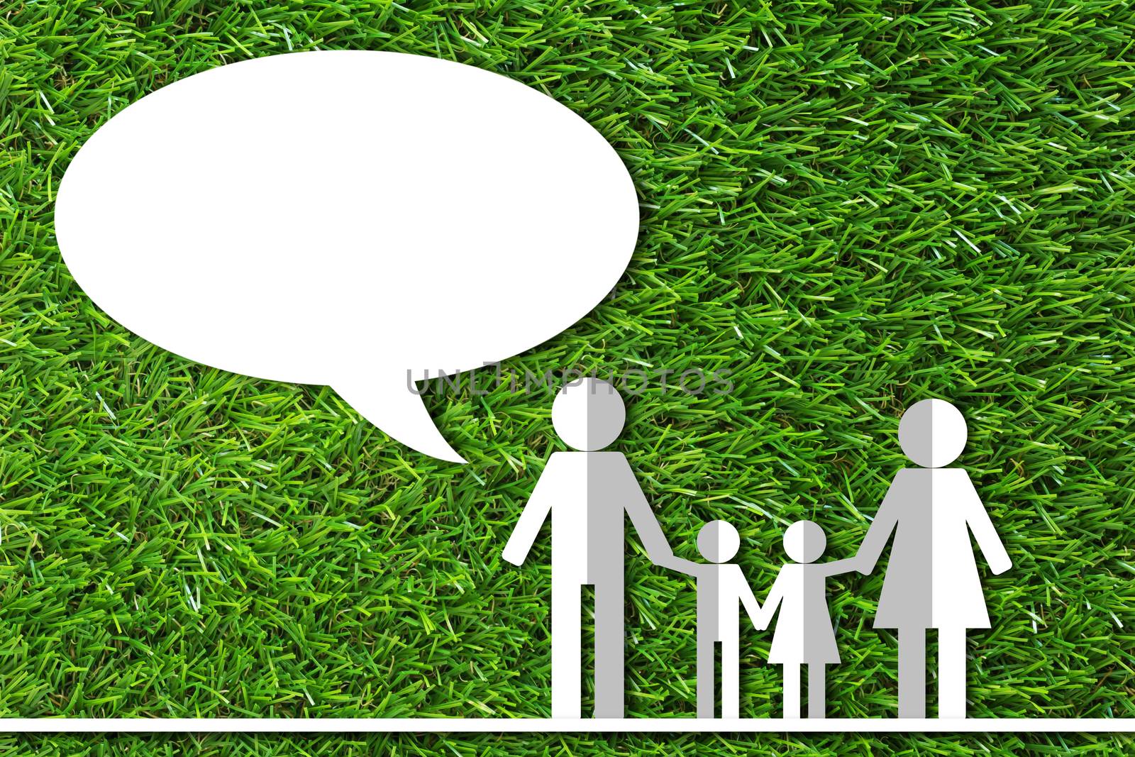 Communication and ecology concept, family life community and bubble chat on green grass background