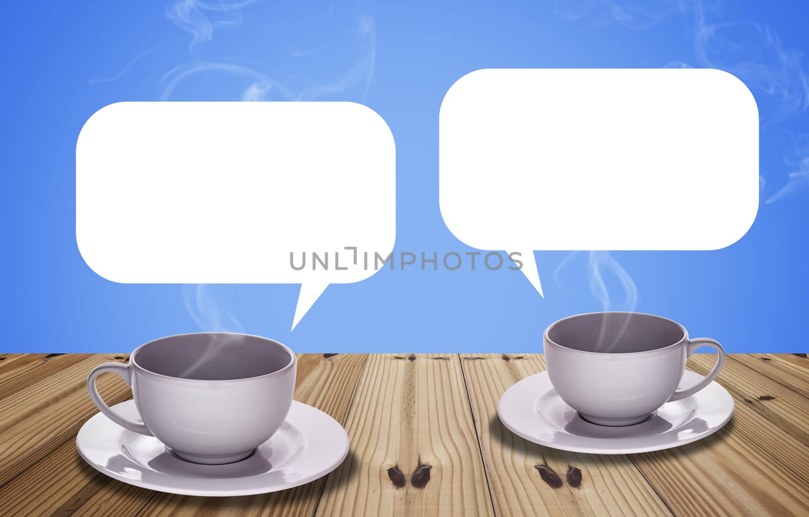 Communication concept, coffee cup on blue background, break time