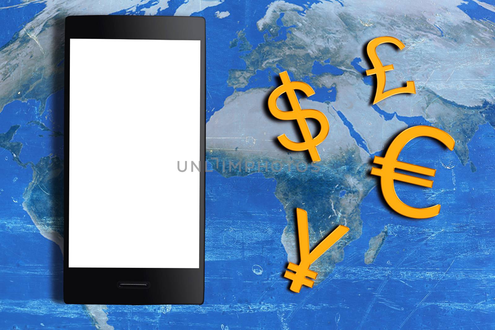 Currency concept, mobile phone and currency symbol on vintage world map, Elements of this Image Furnished by NASA