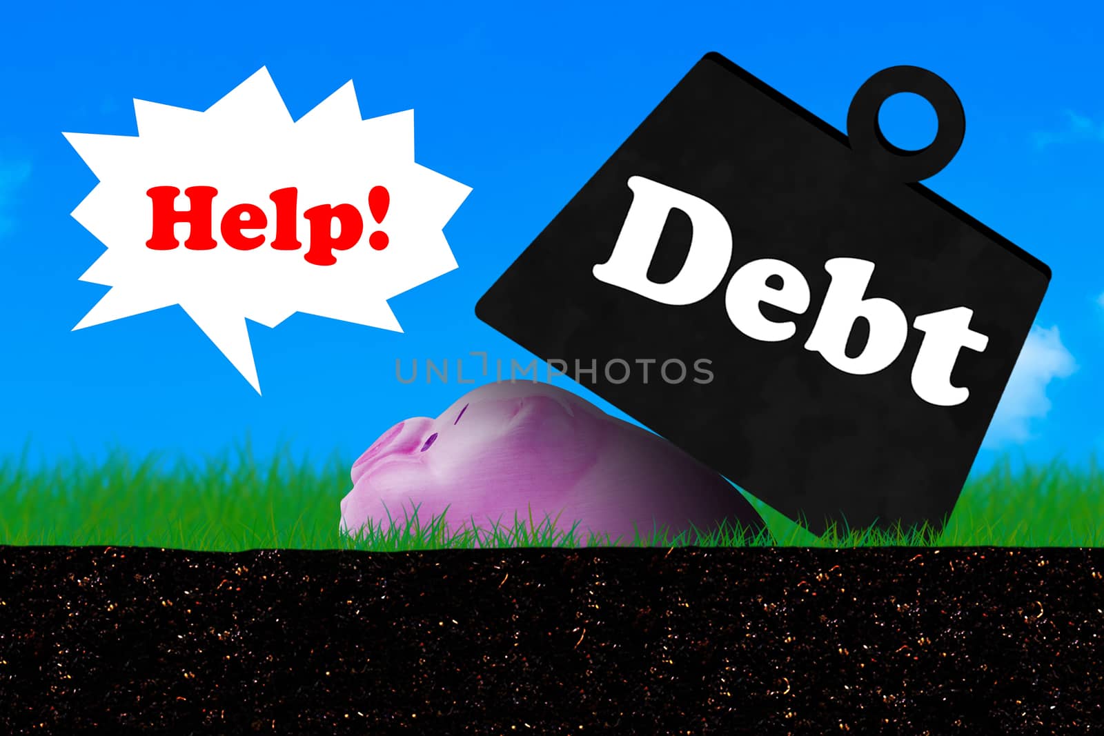 Debt concept, financial crisis, piggy bank on blue sky background