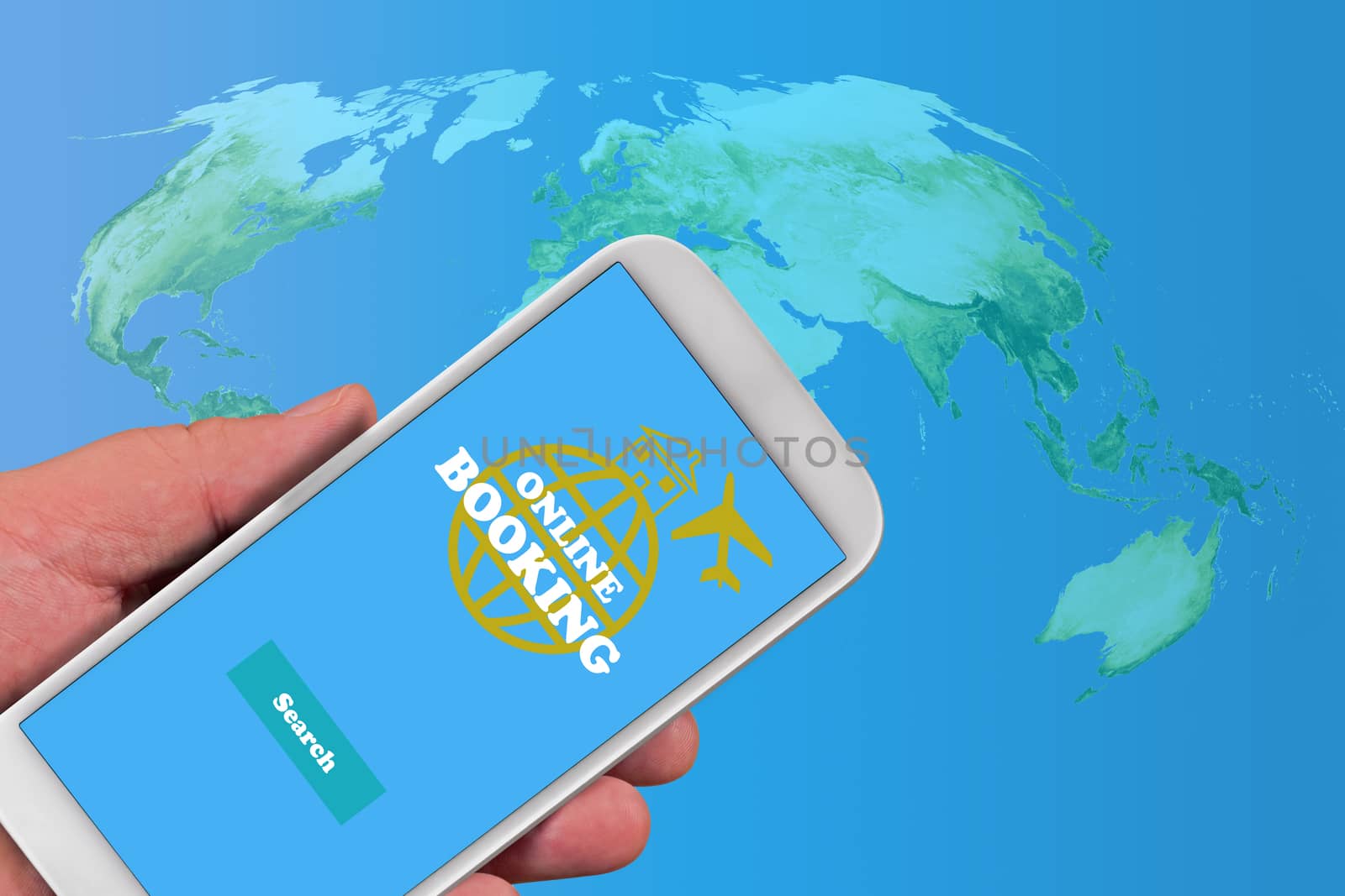 Online booking concept, mobile phone in hand, Elements of this Image Furnished by NASA