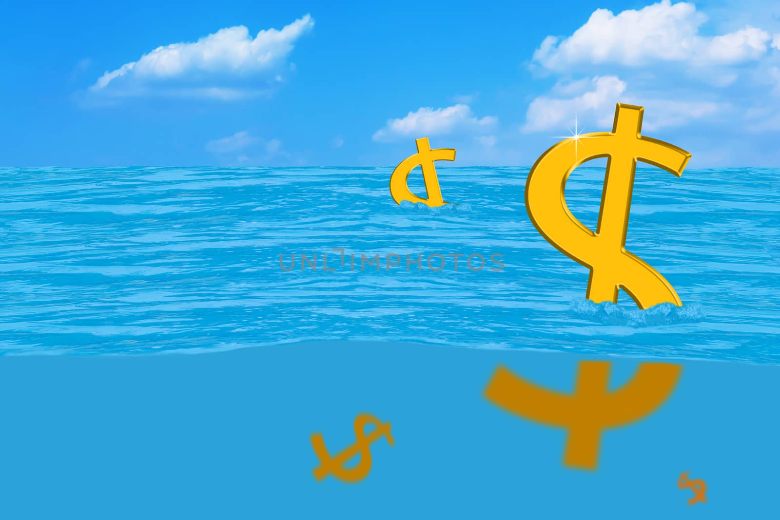 Currency concept, drowning dollar symbol, currency crisis