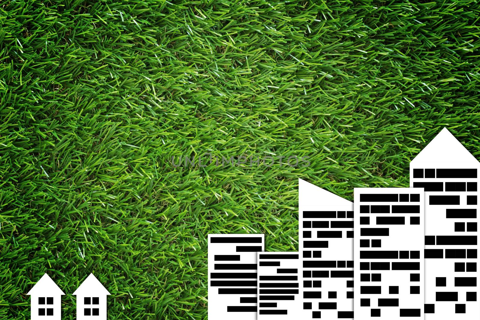Different concept, group of building on green grass background