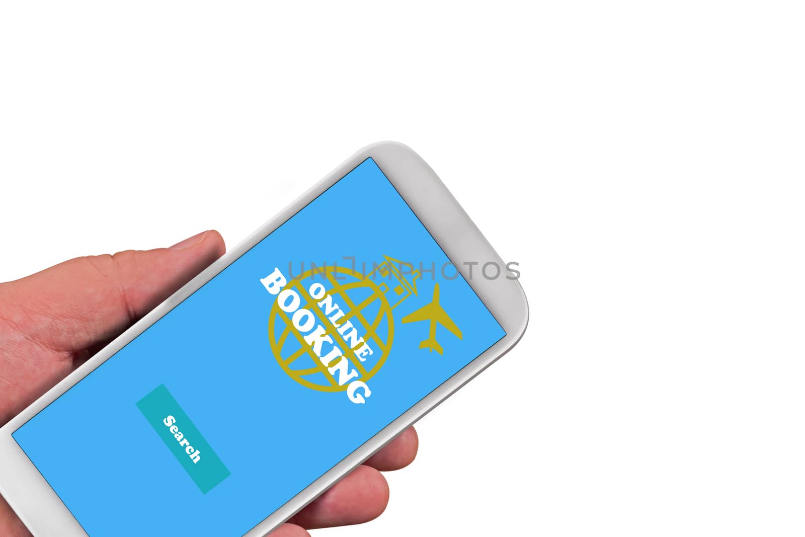 Online booking concept, isolate mobile phone in hand on white background